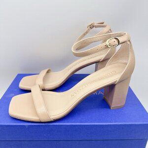 Stuart Weitzman Adobe Nudistcurve 75 Block Sandals Ankle Strap Nude Leather US 7